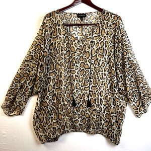 Lane Bryant Animal Print Blouson Top Women's 22/24 Semi Sheer Dolman Sleeve